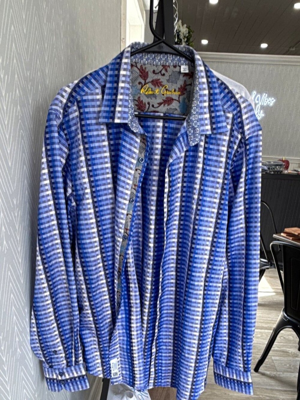 Robert Graham Shirt Mens XL Blue Plaid Striped Long Sleeve Button Down Flip Cuff